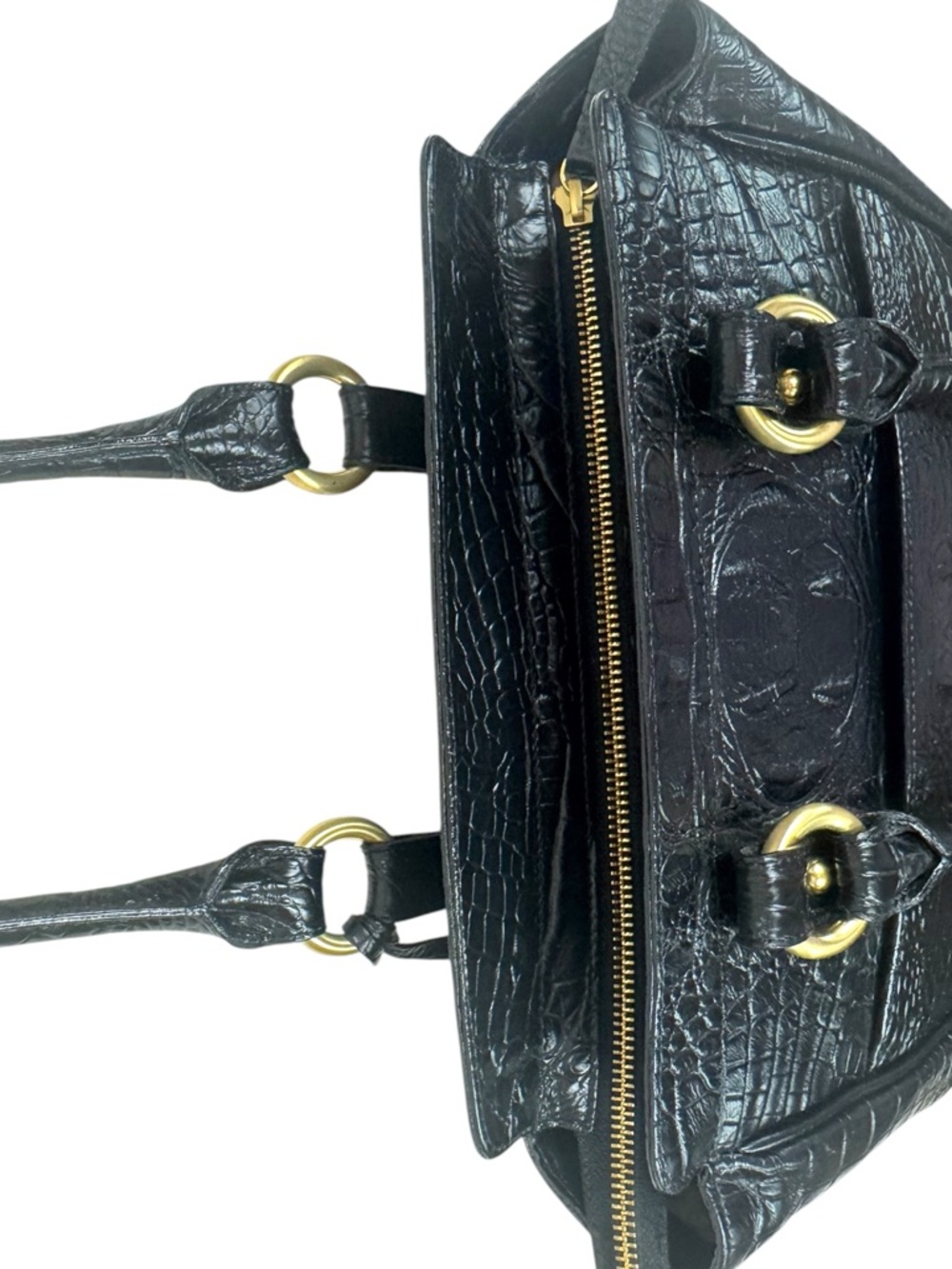 Brahmin Embossed Crocodile Shoulder Zip Top Black Bag - Picture 6 of 14